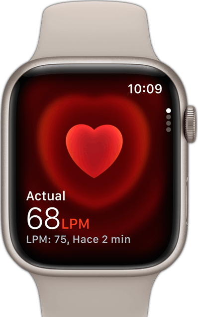 Vista frontal de un Apple Watch que muestra una medición de frecuencia cardiaca.